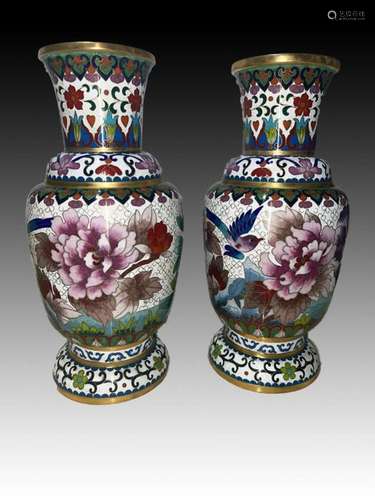 Chinese Cloisonné Pair Of Vases, 20th Century