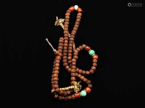 Chinese Tibetan Rose Wood Prayer Beads With Semi Precious St...