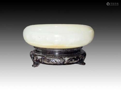 Chinese Jade Circular Water Pot, On Rose Wood Stand