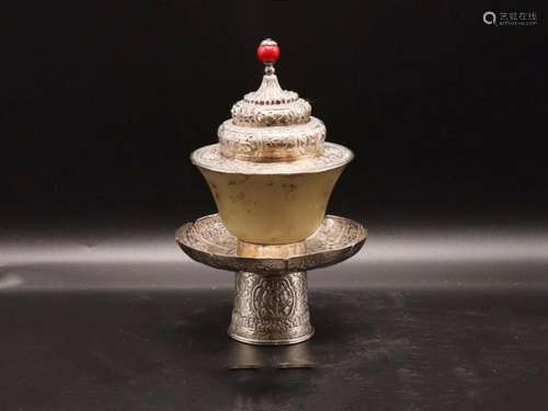 Chinese Tibetan Silver & Jade cup