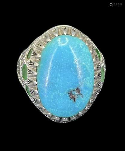 Silver Emerald & Turquoise Ring, 19th Century