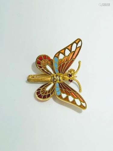 15k yellow gold butterfly with gold wings with enamel and ru...