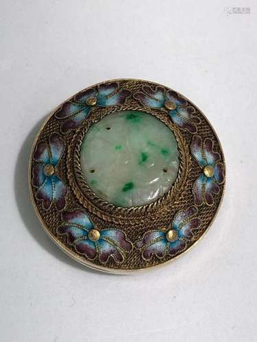 Silver Gilt Enamel Jade Box With Mesh Carving