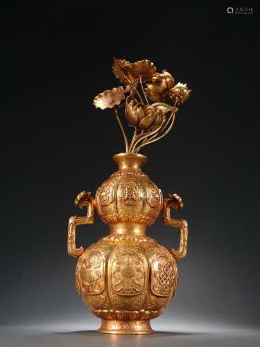 清 銅鎏金花紋葫蘆瓶擺件