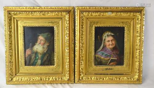 Pr Gilt Wood Framed Painting of Elderly Couple