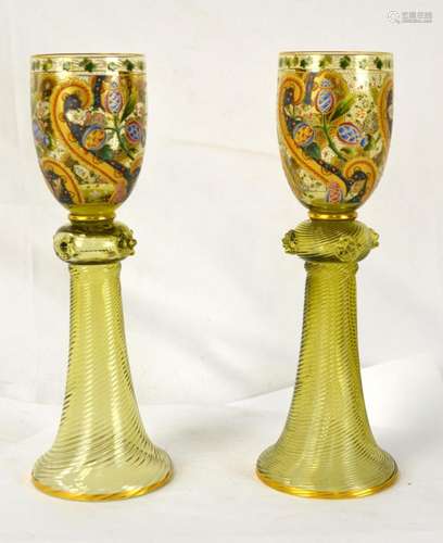 Pr Hand Painted Moser Glass Goblets