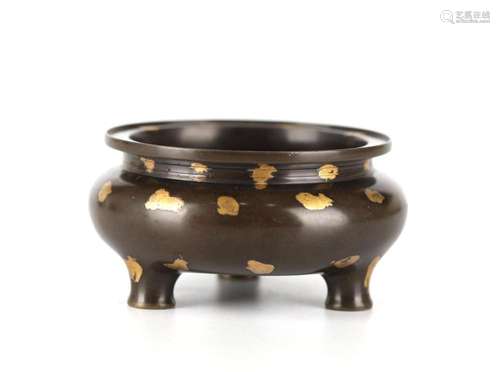 Chinese Bronze Tripod Incense Burner w Gold