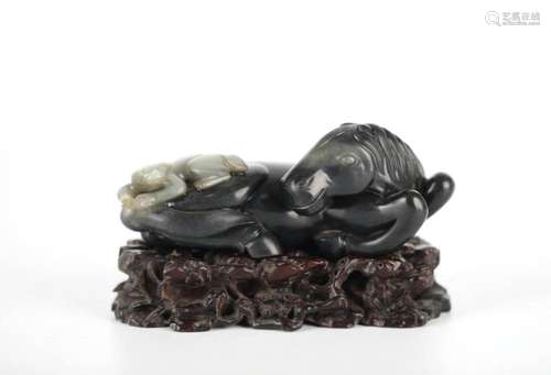 Chinese Carved Black & Celadon Jade Figure