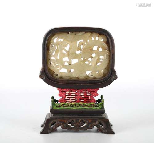 Chinese Carved Jade Incert Wood Table Screen