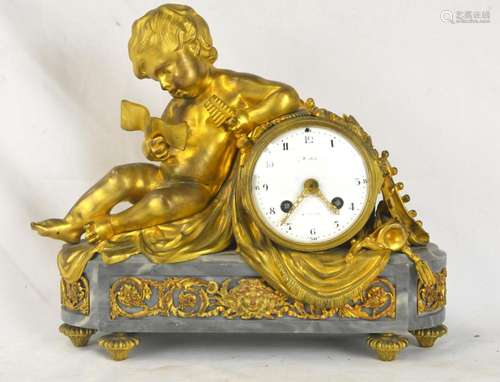 Bronze Figure of Boy Clock on Marble