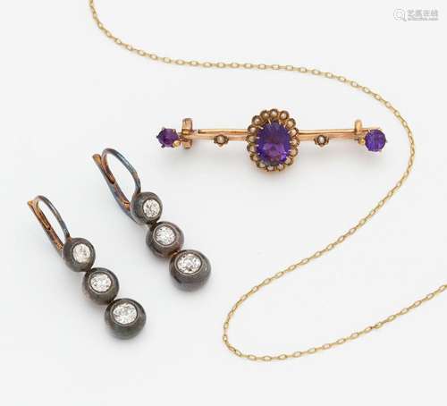 Konvolut: Historische Amethyst-Nadel und Diamant-Ohrschmuck