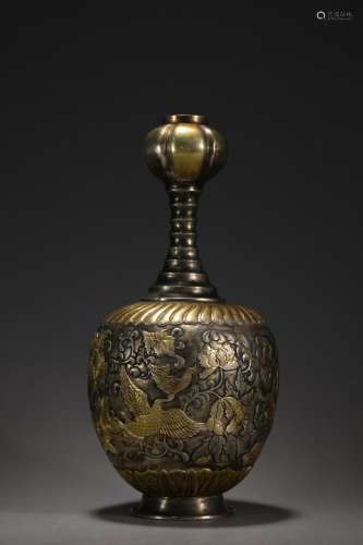 清 銅鎏金鏨刻鳳紋蒜頭瓶