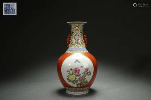 Famille Rose Vase with Floral Design on A Decorated Window a...