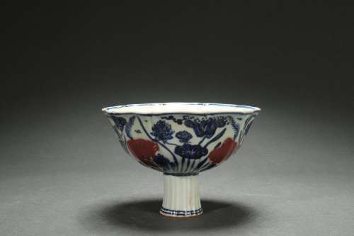 Underglazed Blue and Red Stem Cup with Fish and Aquatic Plan...