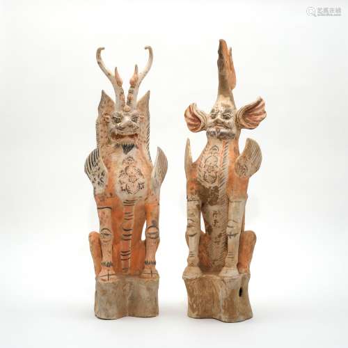 Pair of amaizing Tang Painted Pottery earthspirits