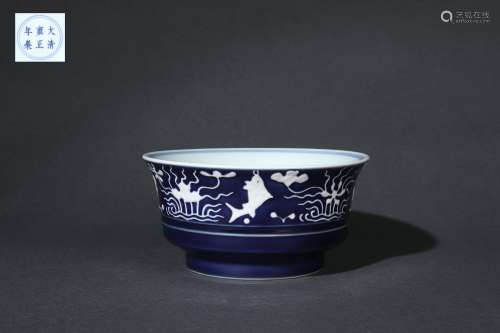 Cobalt Blue Glazed Bowl with Reserved Fish and Aquatic Plant...
