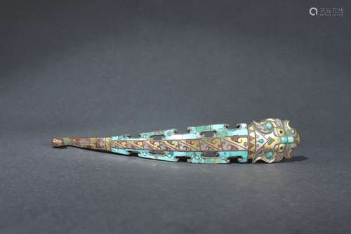 Chinese Belt Hook with Gold, Silver Inlaid and Turquoise Emb...