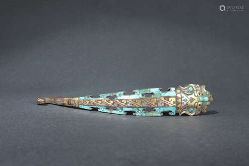Chinese Belt Hook with Gold, Silver Inlaid and Turquoise Emb...