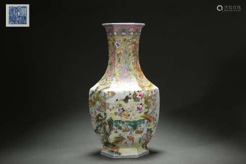 Famille Rose Hexagonal Vase with Figure Stories Design, Qian...