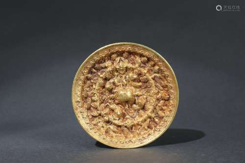 Bronze Mirror with Sea Animal, Grape Design and Gold Embedde...
