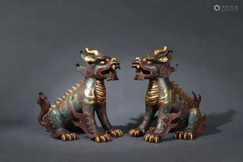 A Pair Cloisonne Enameled Kylin (Animal in Chinese myth)