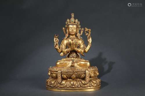 Gilt Bronze Statue of Buddha with Turquoise Embedded