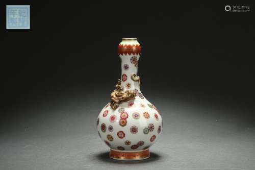 Famille Rose Garlic-shaped Vase with Floral, CHI Dragon Patt...