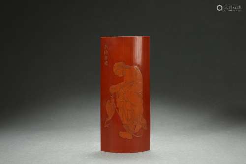 Bamboo Carved Arm Rest with Liu Hai against Gold Toad Design