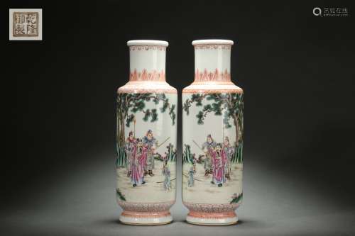 A Pair Famille Rose Bucket-shaped Vases with Figure Stories ...
