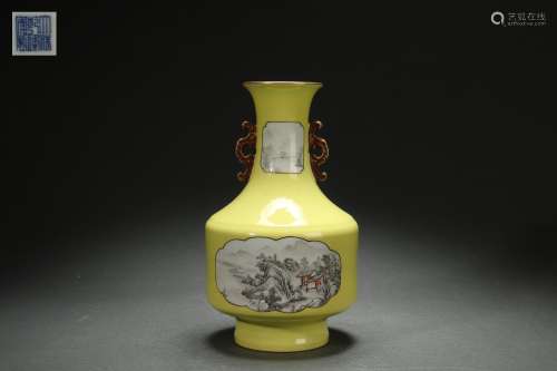 Lemon Yellow Glazed Ruyi-shaped Ear Vase with Landscape Desi...