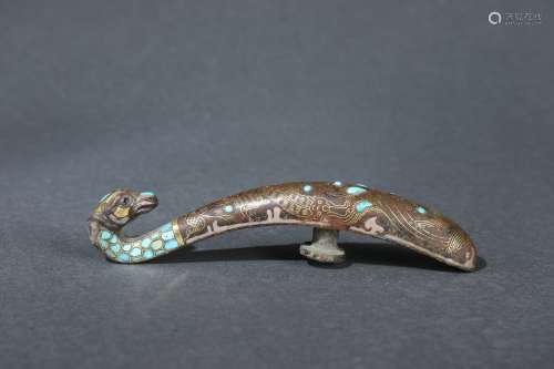 Chinese Belt Hook with Gold, Silver Inlaid and Turquoise Emb...