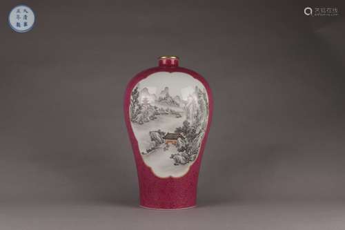 Carmine Red Glazed Plum Vase with Landscape Design on A Deco...