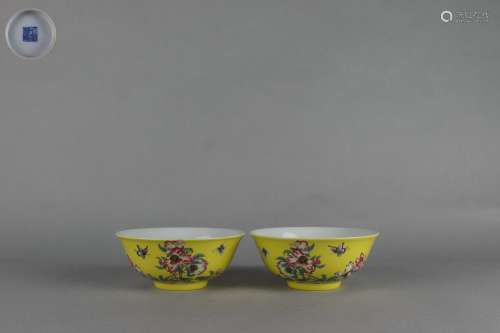 A Pair Colored Enamel Bowls with Flowers and Poems Design, Q...
