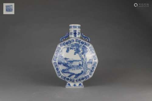 Blue-and-white Moon Vase with Landscape and Figure Design, Q...