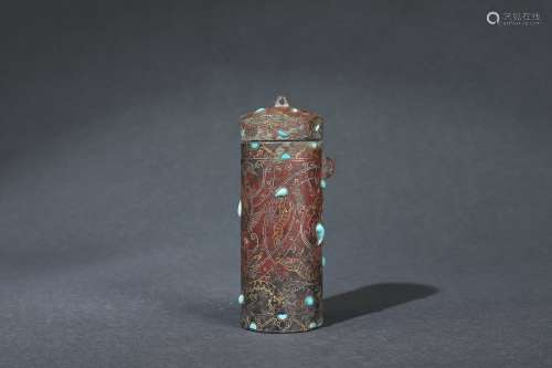 Incense Tube with Gold and Silver Inlaid and Turquoise Embed...
