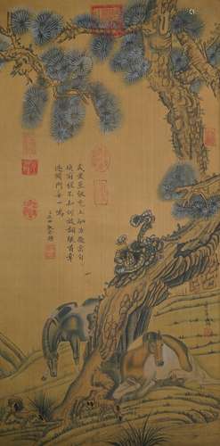 Pine Tree and Horse, Hanging Scroll, Lang Shining