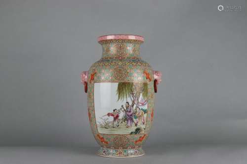 Famille Rose Double-ear Vase with Figure Stories Design on A...