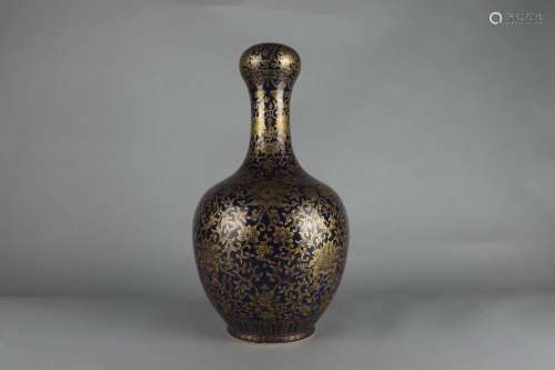 Blue Glazed Vase with Floral Design and Gold Outlining, Qian...