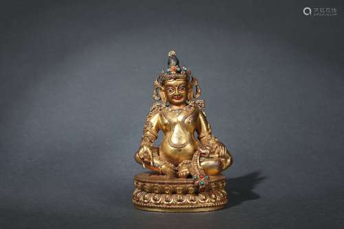 Gilt Bronze Statue of Wealth God with Turquoise Inlaid