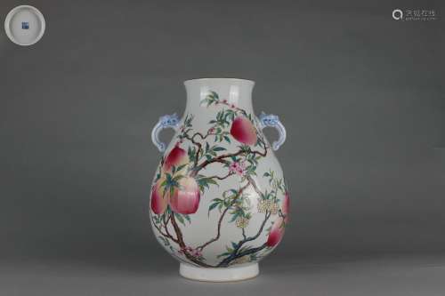 Famille Rose ZUN-vase with Peach Pattern and Double Handles,...