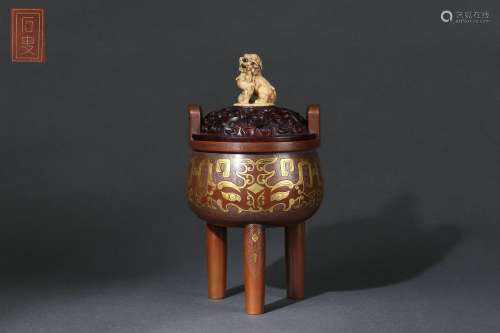 Bronze DING-shaped Censer with Silver and Gold Inlaid, Shi S...