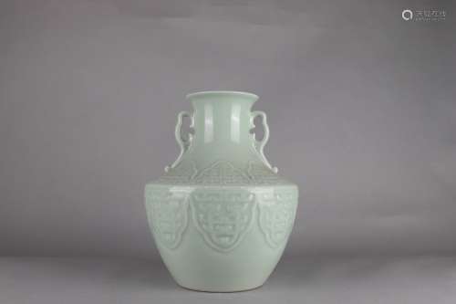 Yellowish Pea Green Glazed ZUN-vase with Double Handles, Qia...