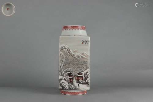 Square ZUN-vase with Snow Scenery Design by Eight Ceramic Ar...