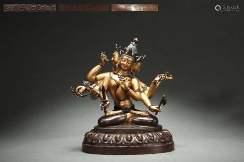 Gilt Statue of Mother Buddha with Three Heads and Eight Arms...