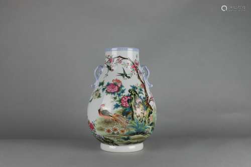 Color Enameled ZUN-vase with Flowers, Birds Design and Doubl...