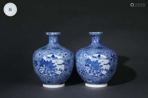 A Pair Blue-and-white ZUN-vases with Floral Design on A Deco...