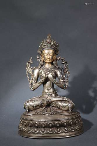 Pure Silver Statue of Manjusri Bodhisattva with Turquoise Em...