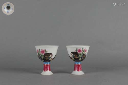 A Pair Colored Enameled Stem Cups with Flowers and Birds Des...