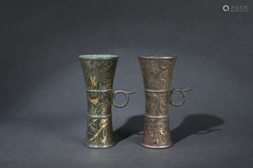 A Pair Bronze Cups with Handles and Gold Inlaid