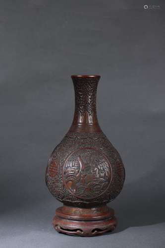 Red Copper Pear-shaped Vase with Relief Design